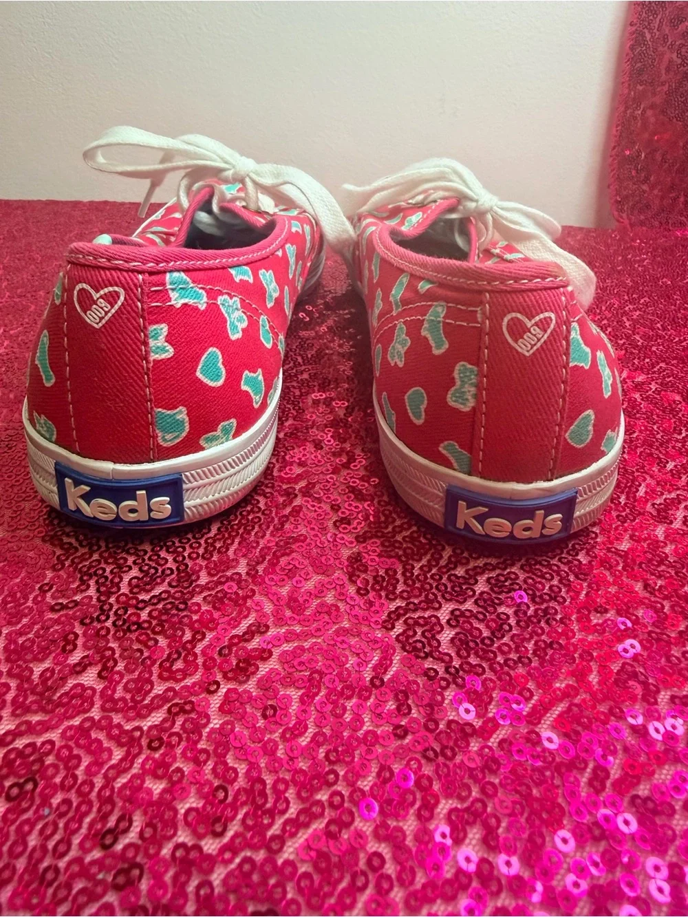 Keds Pink Canvas Taylor Swift Sneakers with Teal Heart Print